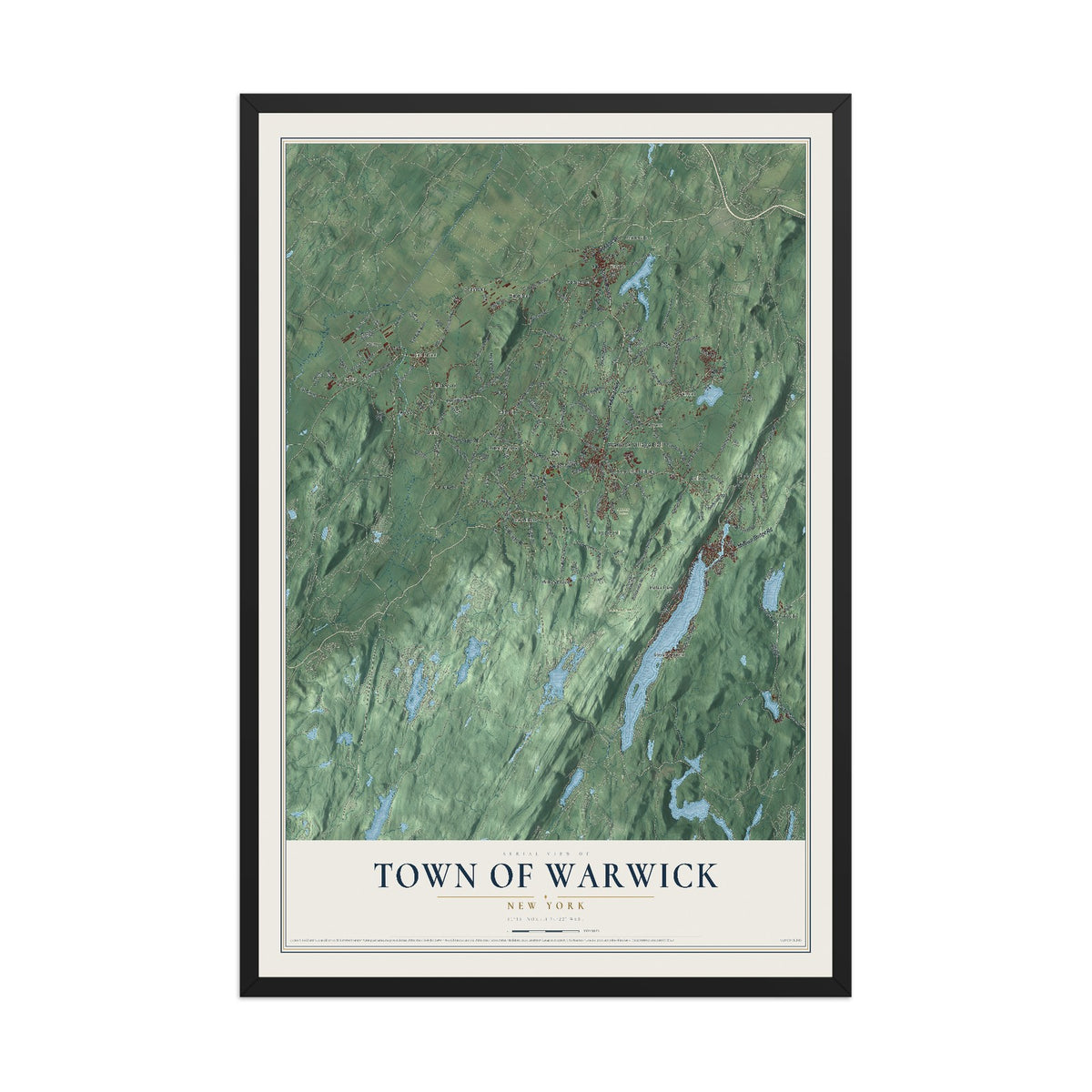 Map of the Town of Warwick, New York, 12 x 18 inch print in a black wood frame