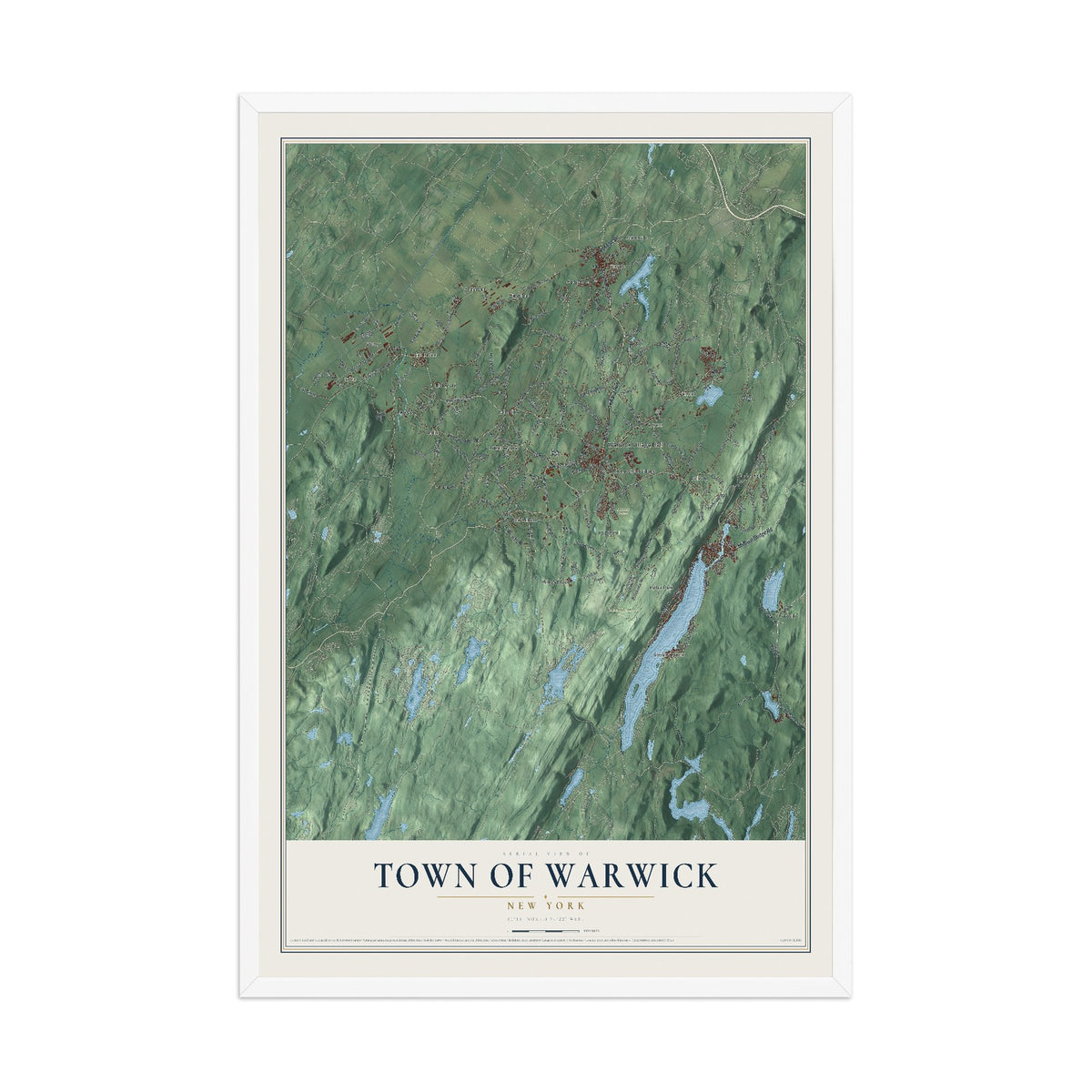 Map of the Town of Warwick, New York, 12 x 18 inch print in a white wood frame