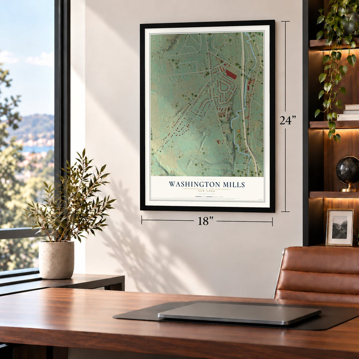 Washington Mills, New York map, 18 x 24 inch print in a black frame in a home office