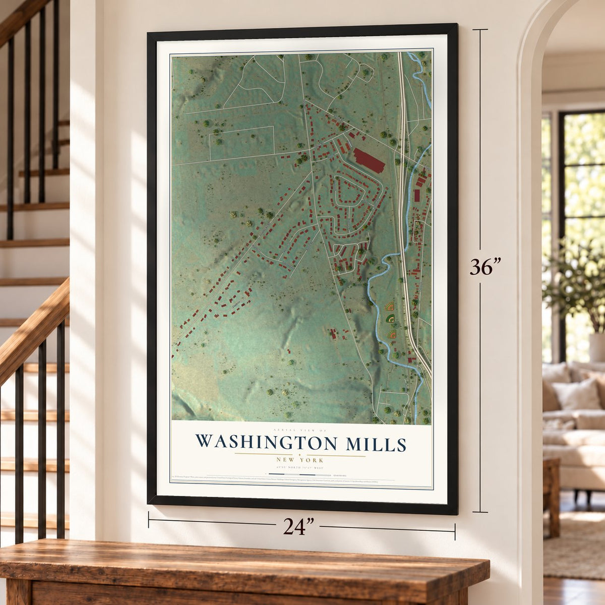 Washington Mills, New York map, 24 x 36 inch print in a black frame by a staircase