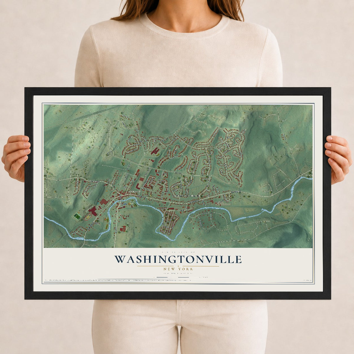 Washingtonville, New York map print, 12" x 18" W/ Black Ayous Wood Frame mockup