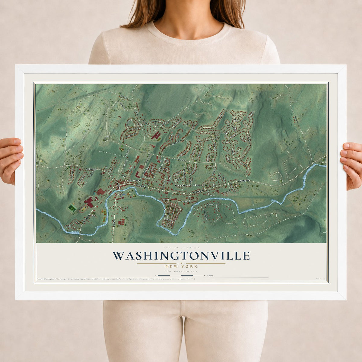 Washingtonville, New York map print, 18" x 24" W/ White Ayous Wood Frame mockup