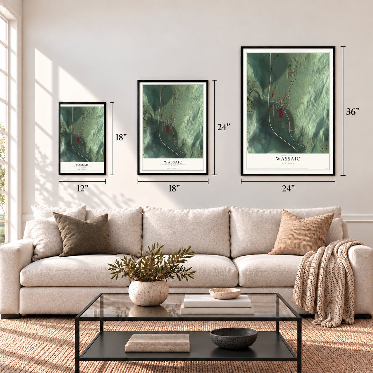 Wassaic, New York map in 12 x 18, 18 x 24 and 24 x 36 inch sizes above a sofa