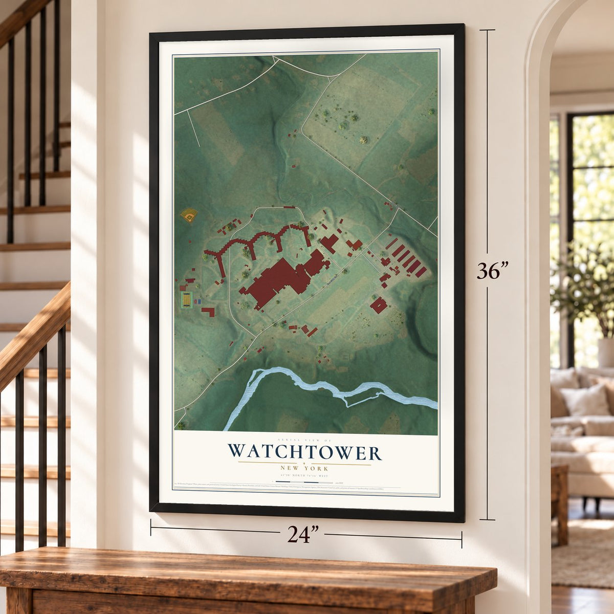 Watchtower, New York map, 24 x 36 inch print in a black frame by a staircase