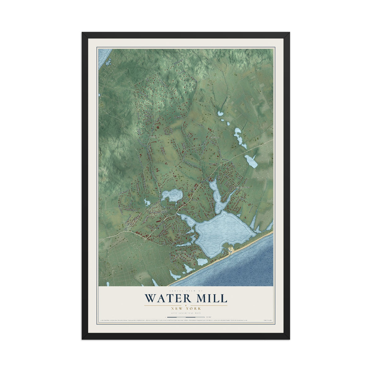Water Mill, New York map print, 12" x 18" W/ Black Ayous Wood Frame mockup