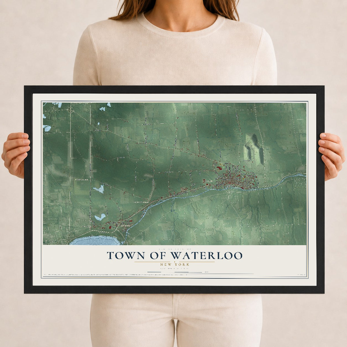 Waterloo, New York map print, 12" x 18" W/ Black Ayous Wood Frame mockup