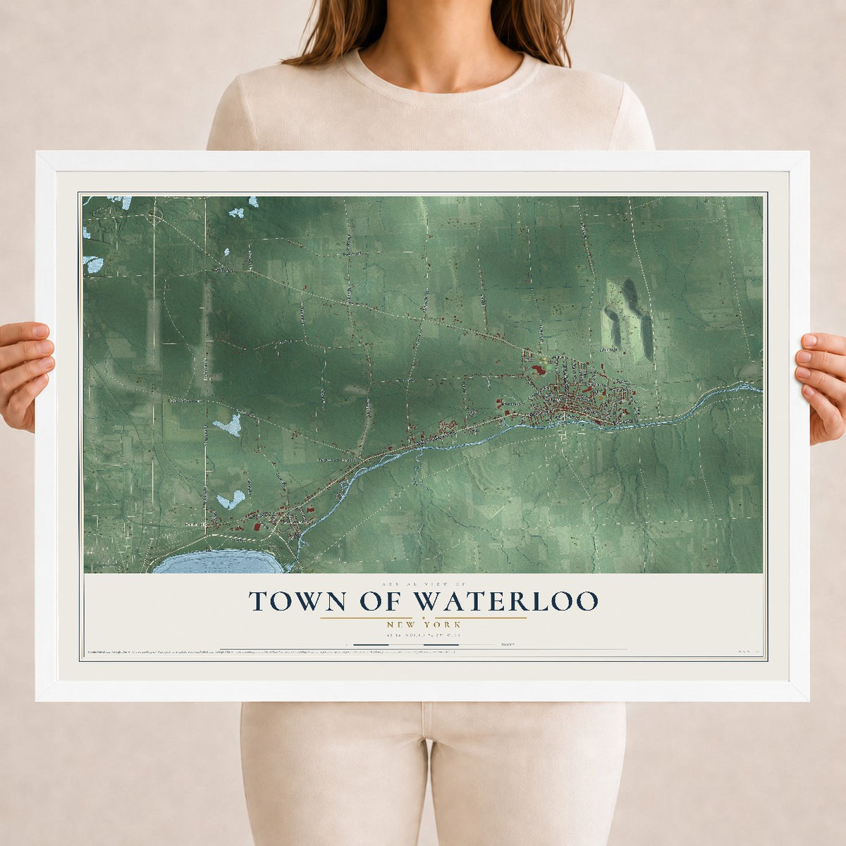 Waterloo, New York map print, 18" x 24" W/ White Ayous Wood Frame mockup