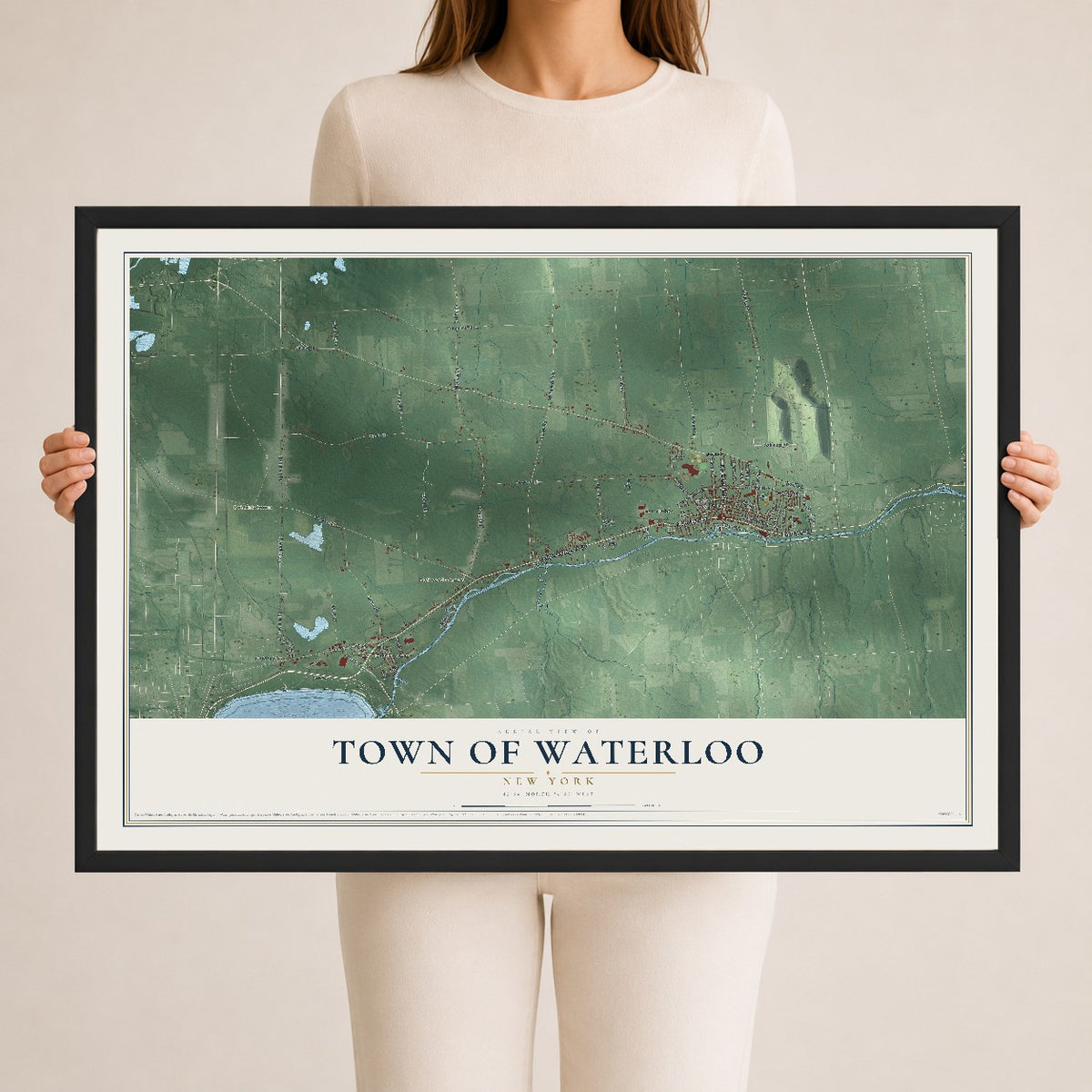 Waterloo, New York map print, 24" x 36" W/ Black Ayous Wood Frame mockup