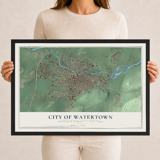 Map of the City of Watertown, Jefferson County, New York, 12 x 18 inch print in a black wood frame