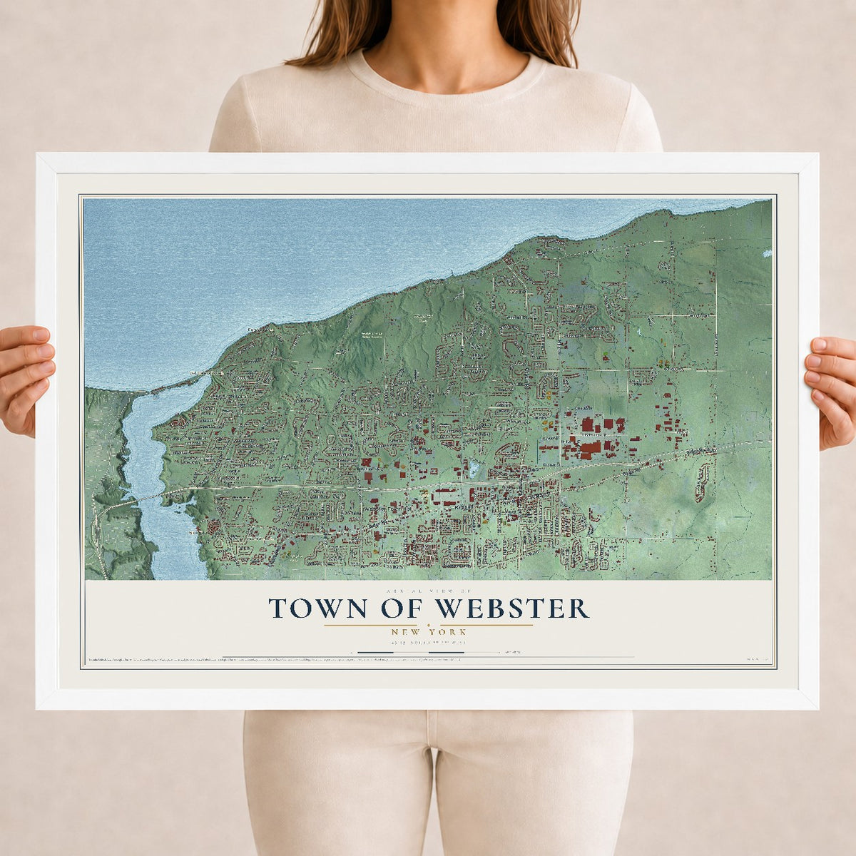 Webster, New York map print, 18" x 24" W/ White Ayous Wood Frame mockup