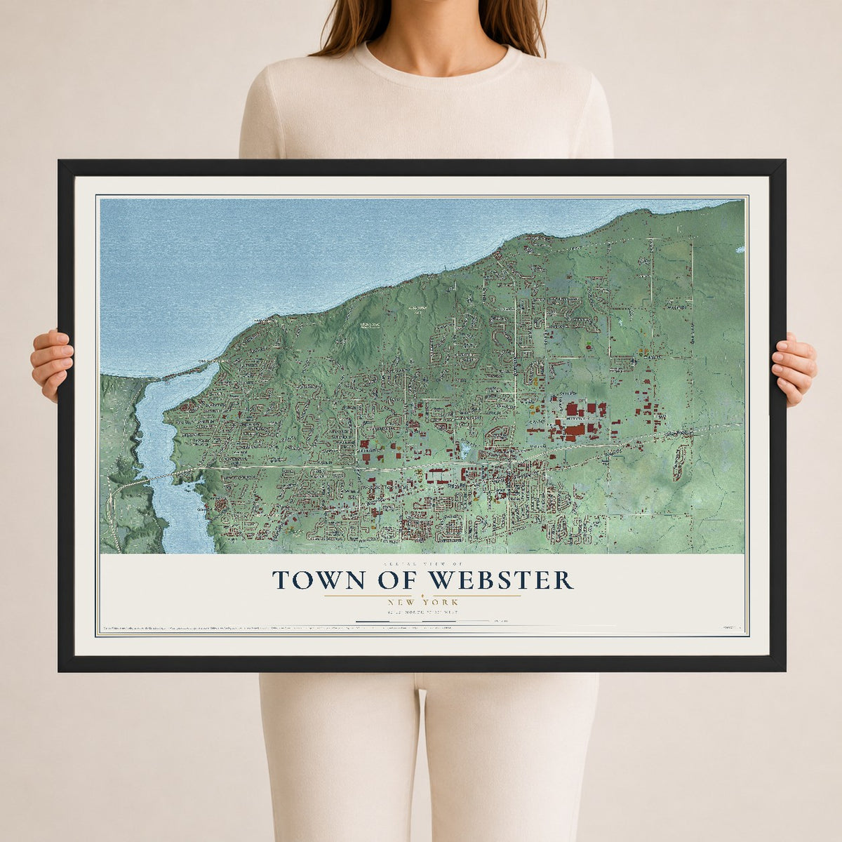 Webster, New York map print, 24" x 36" W/ Black Ayous Wood Frame mockup
