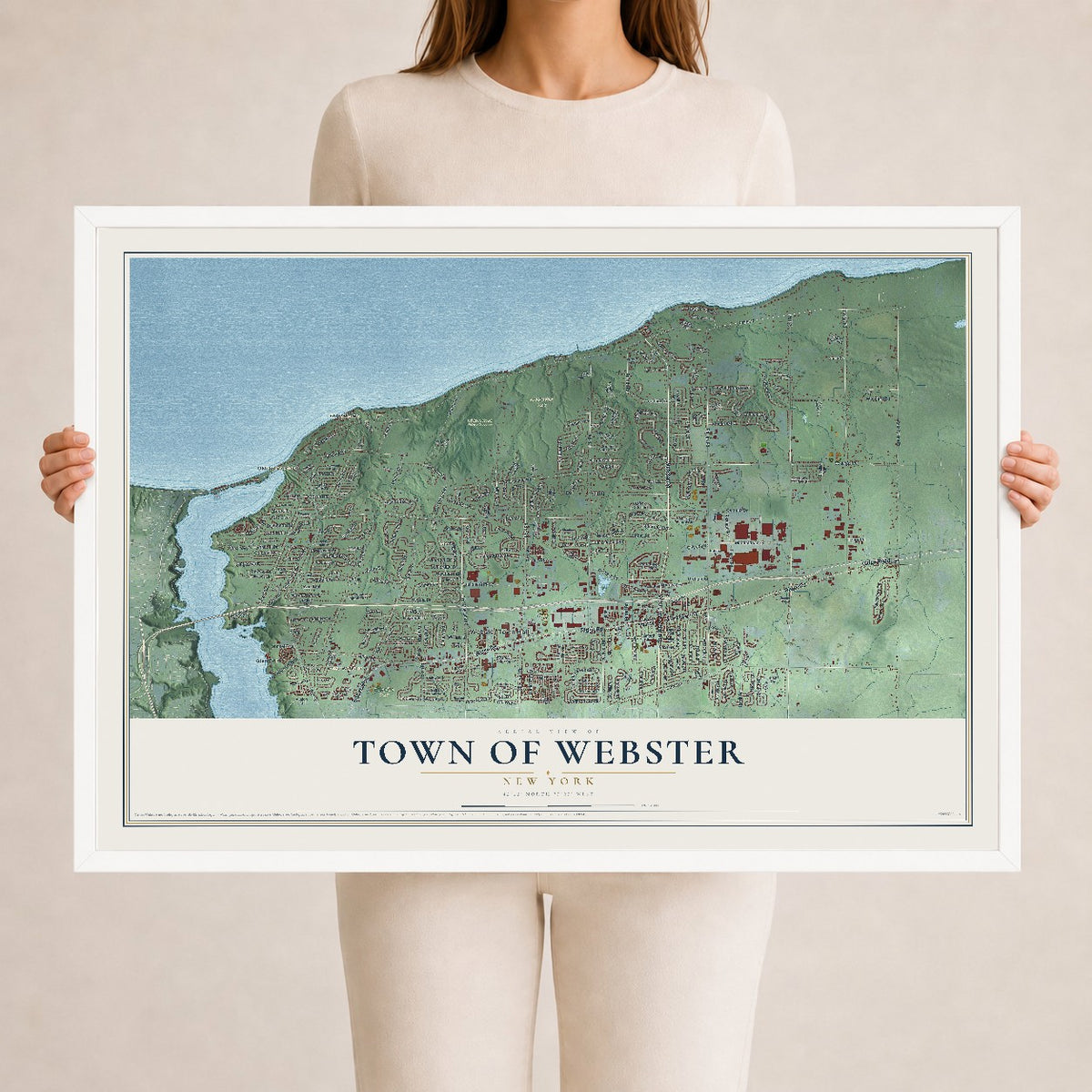 Webster, New York map print, 24" x 36" W/ White Ayous Wood Frame mockup