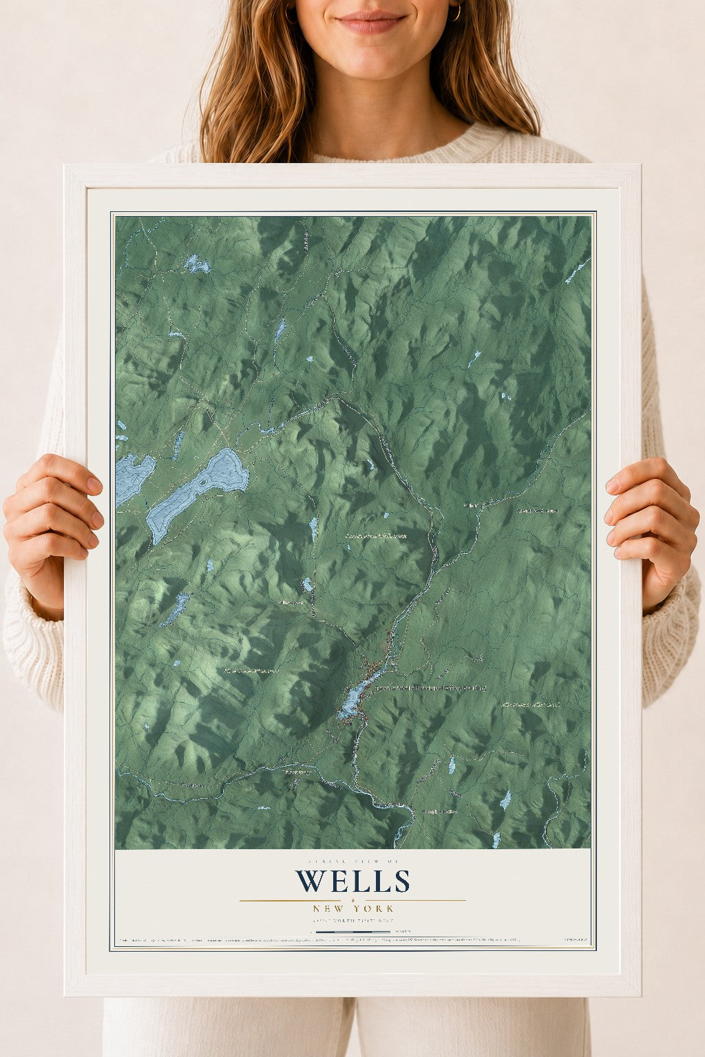 Wells, New York map print, 18" x 24" W/ White Ayous Wood Frame mockup