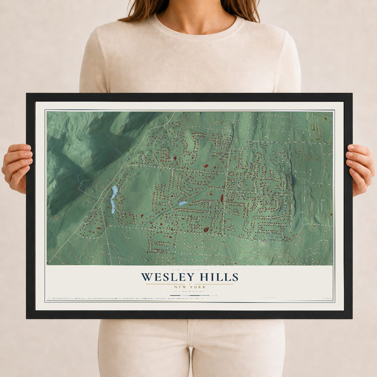 Wesley Hills, New York map print, 12" x 18" W/ Black Ayous Wood Frame mockup