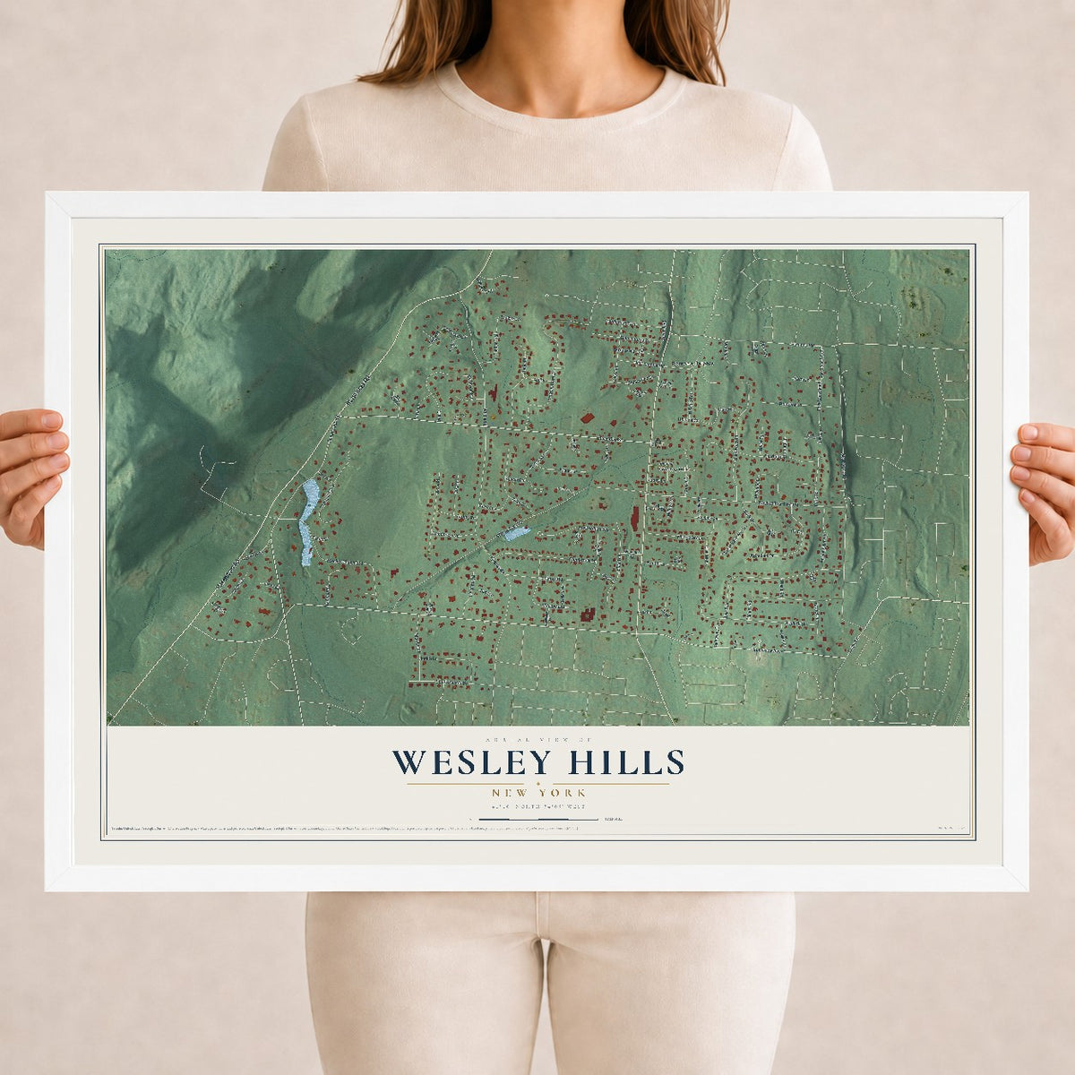 Wesley Hills, New York map print, 18" x 24" W/ White Ayous Wood Frame mockup