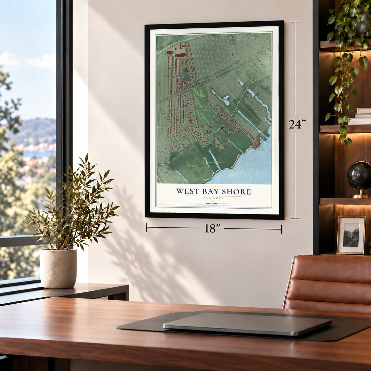 West Bay Shore, New York map, 18 x 24 inch print in a black frame in a home office