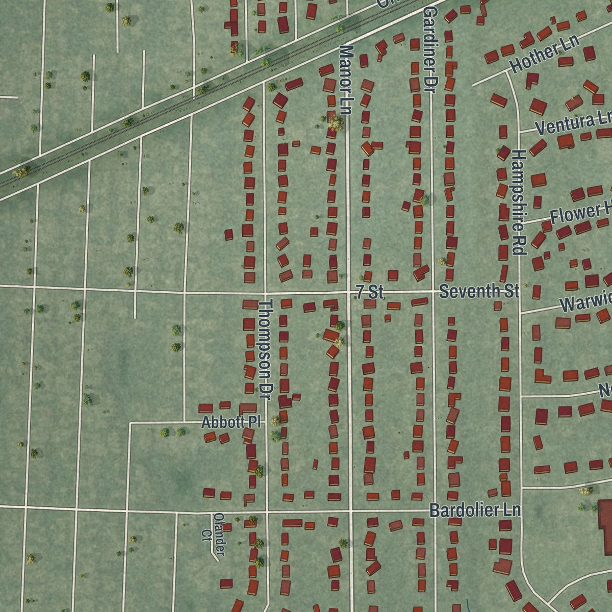 Close-up of the map of West Bay Shore, New York print showing street and building detail