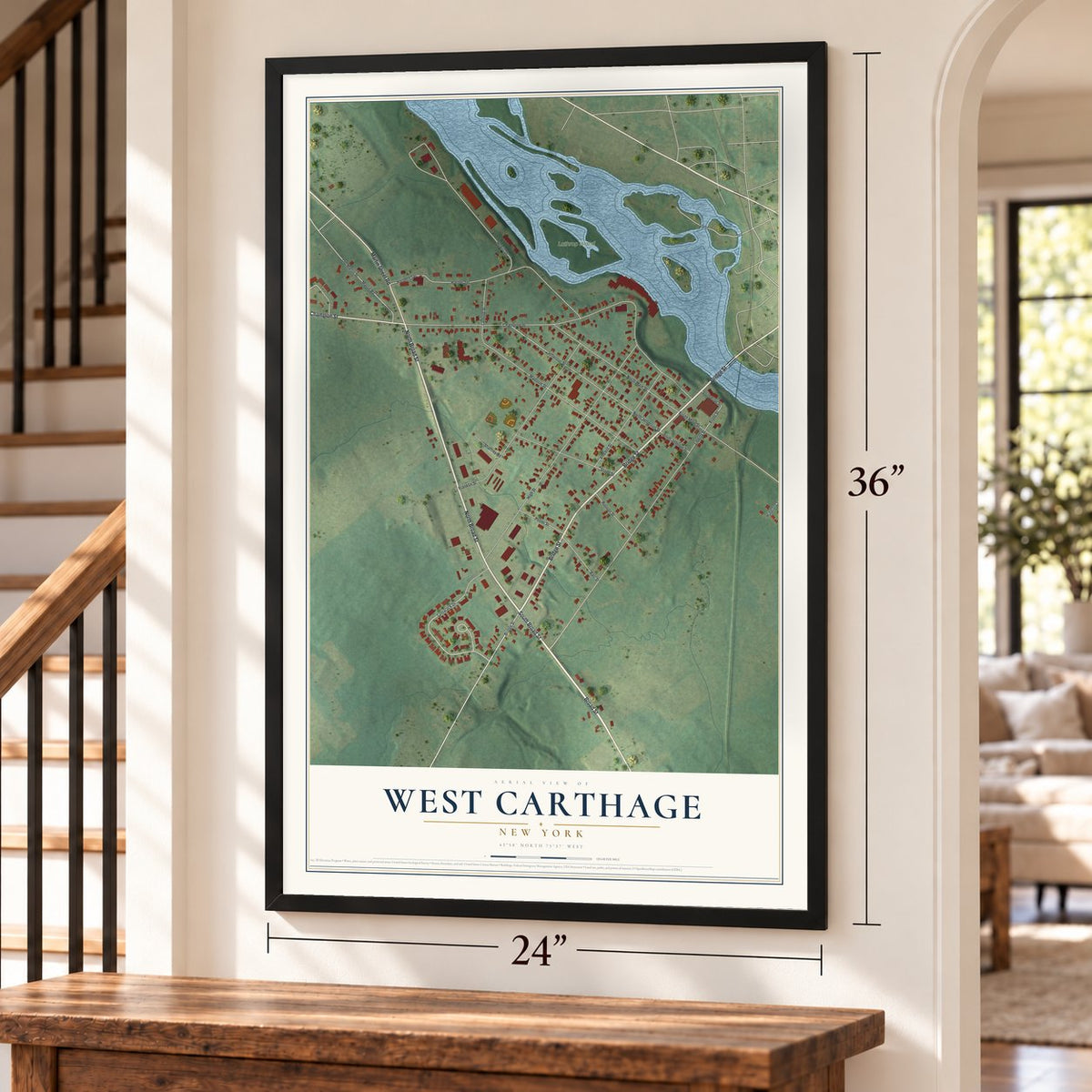 West Carthage, New York map, 24 x 36 inch print in a black frame by a staircase