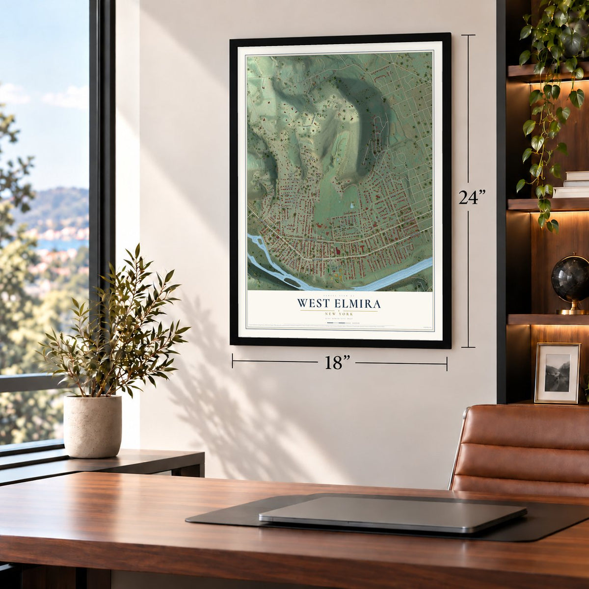West Elmira, New York map, 18 x 24 inch print in a black frame in a home office