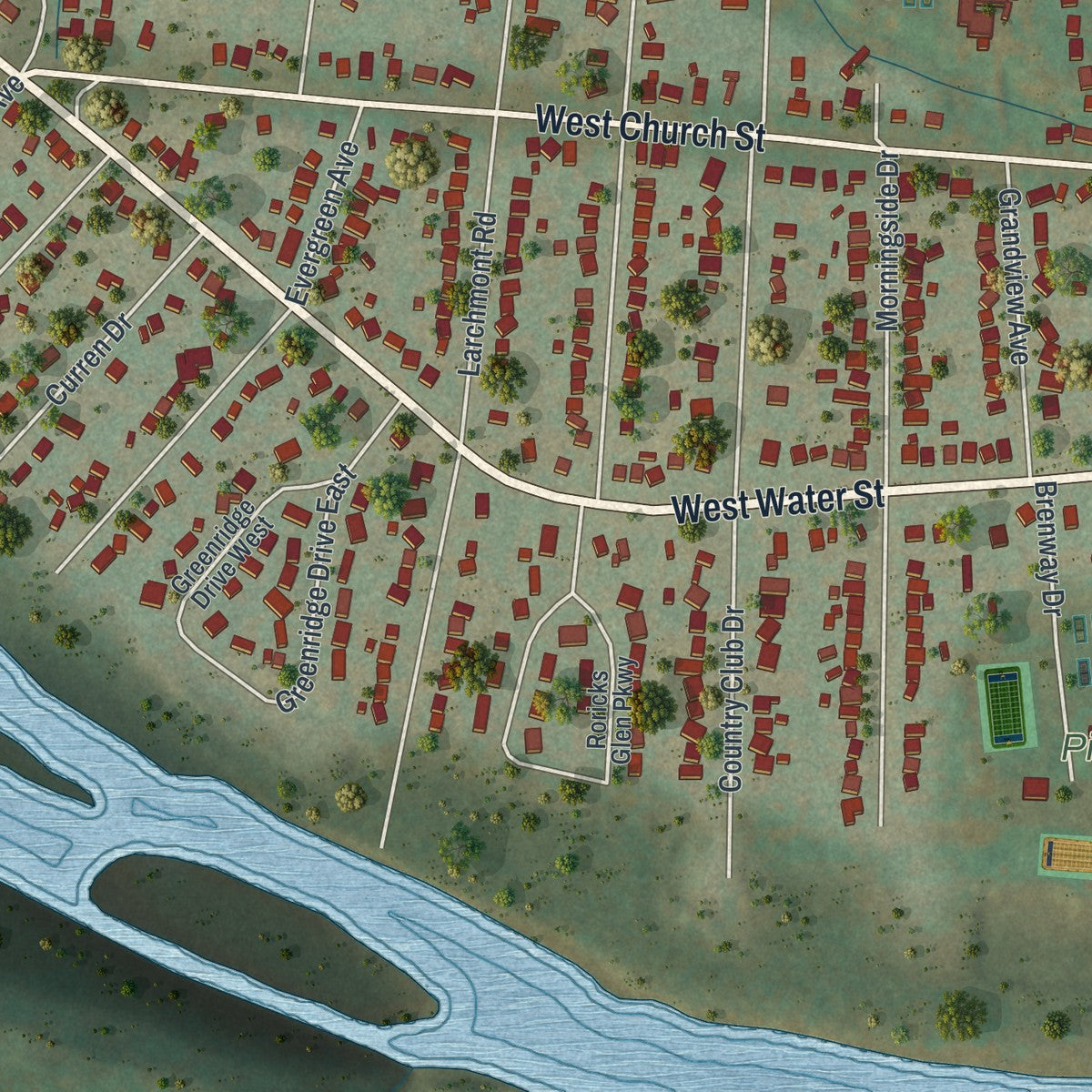 Close-up of the map of West Elmira, New York print showing street and building detail