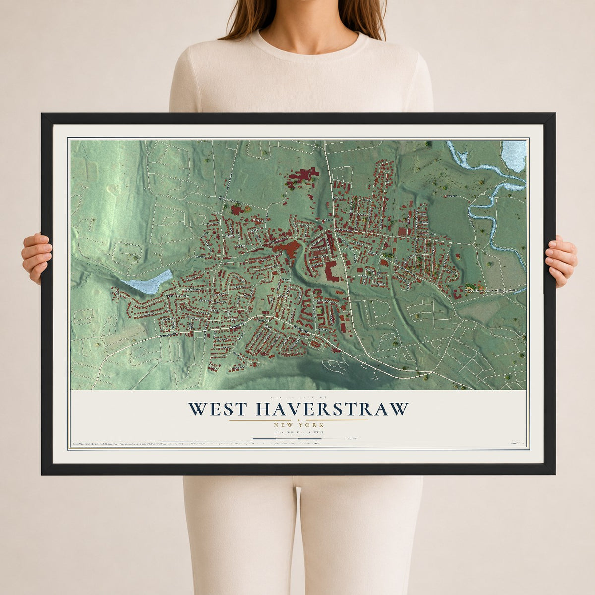 West Haverstraw, New York map print, 24" x 36" W/ Black Ayous Wood Frame mockup