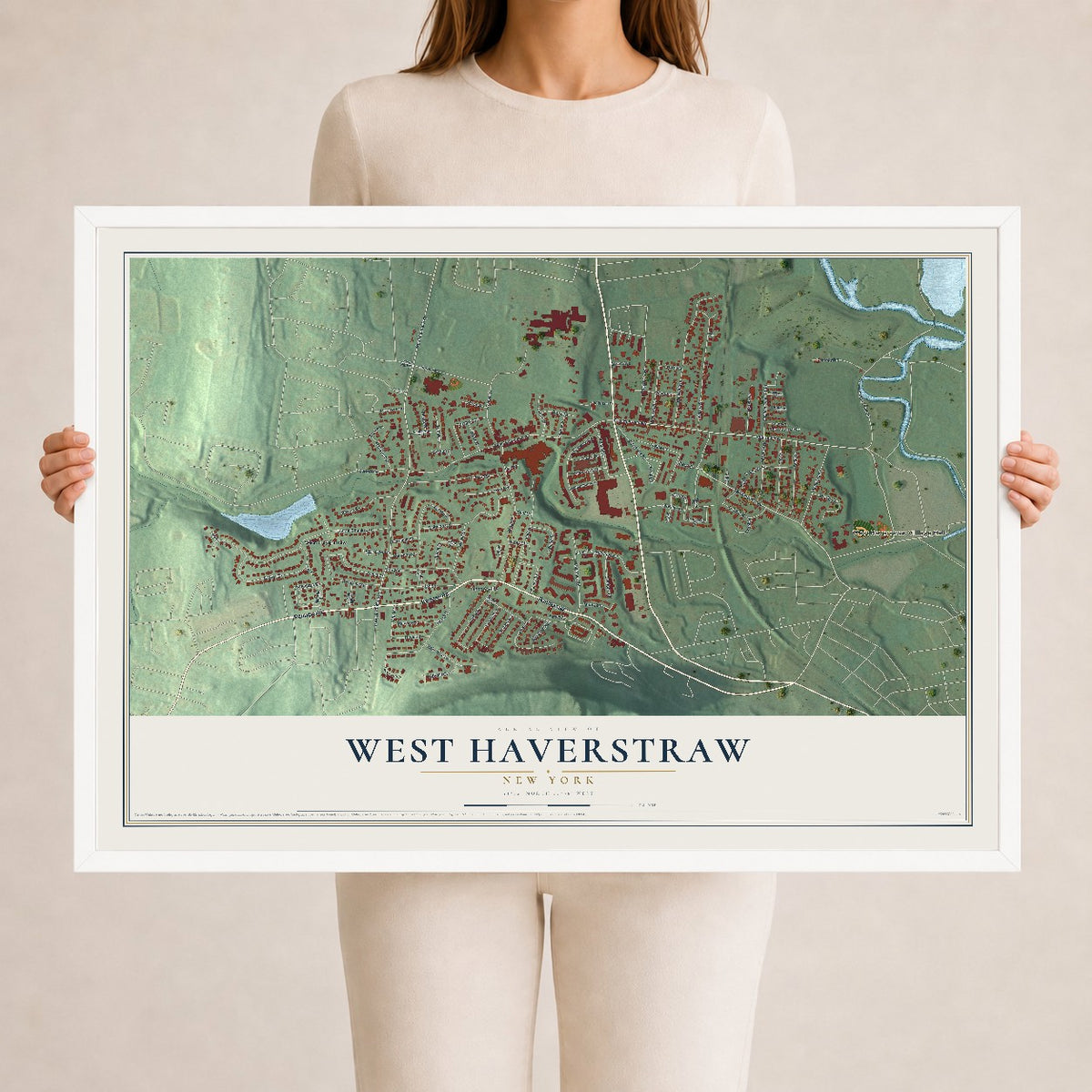 West Haverstraw, New York map print, 24" x 36" W/ White Ayous Wood Frame mockup