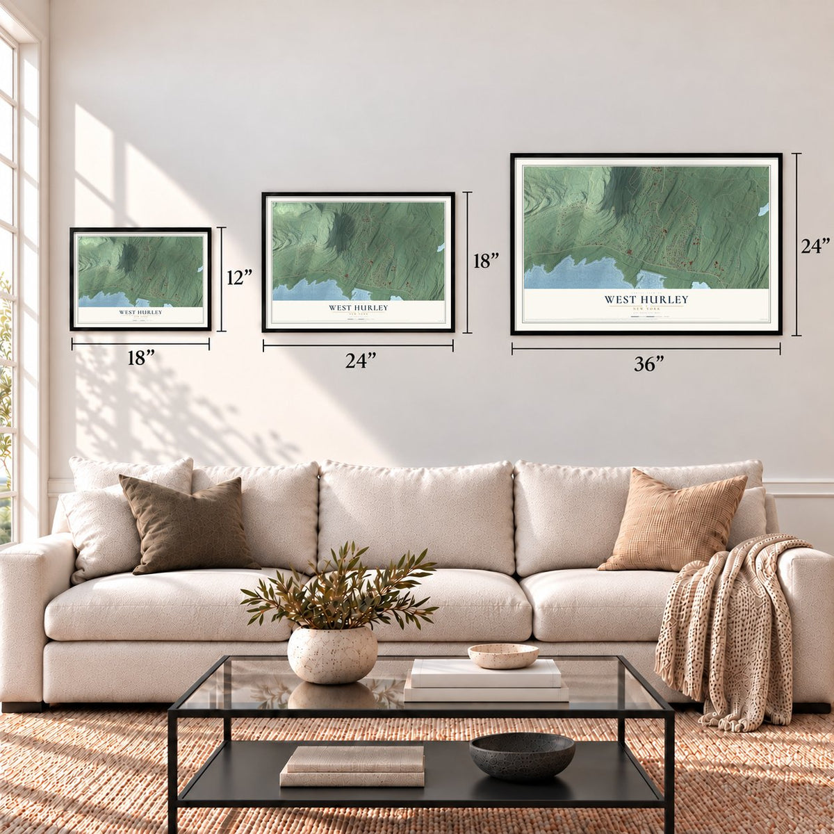 West Hurley, New York map in 12 x 18, 18 x 24 and 24 x 36 inch sizes above a sofa