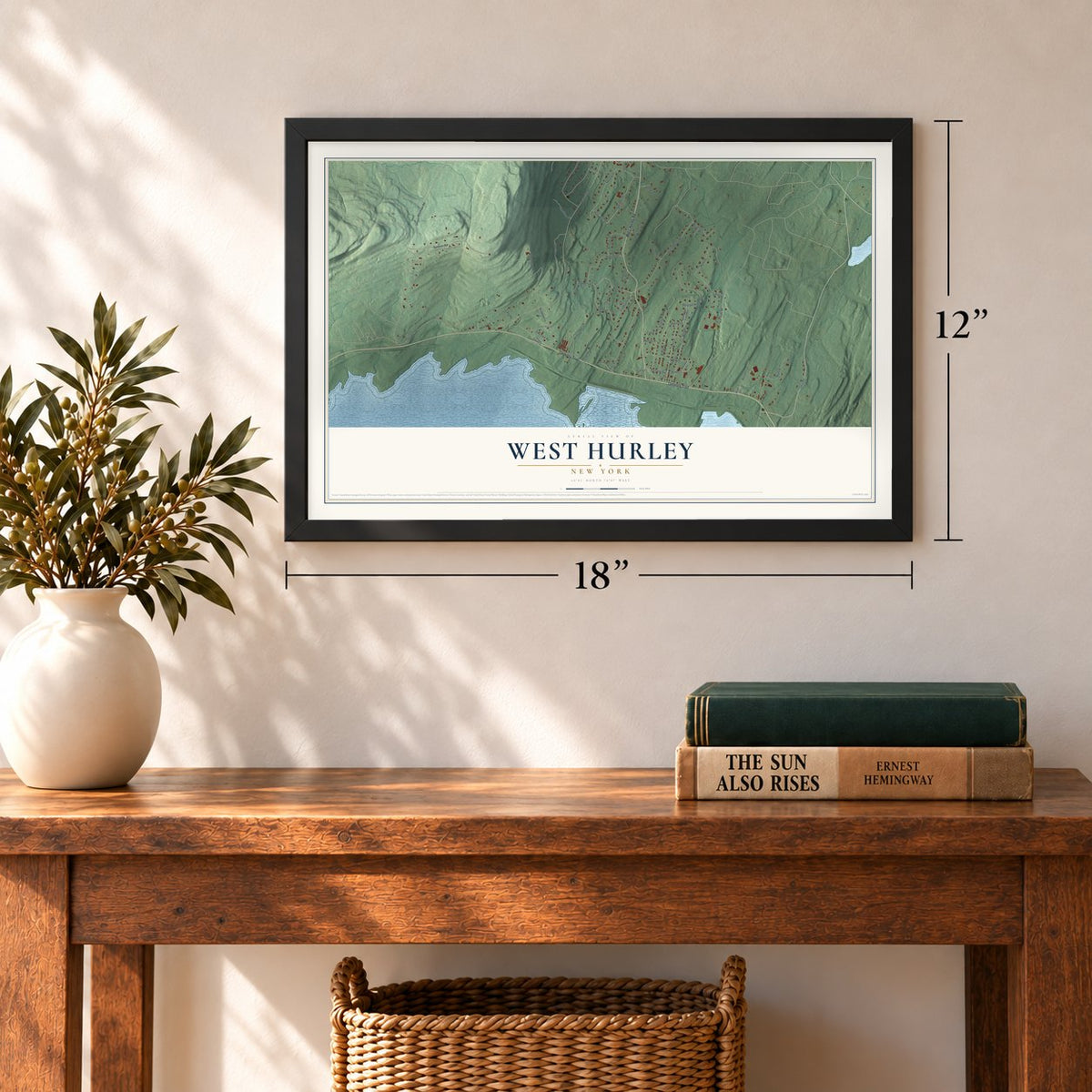 West Hurley, New York map, 12 x 18 inch print in a black frame in an entryway