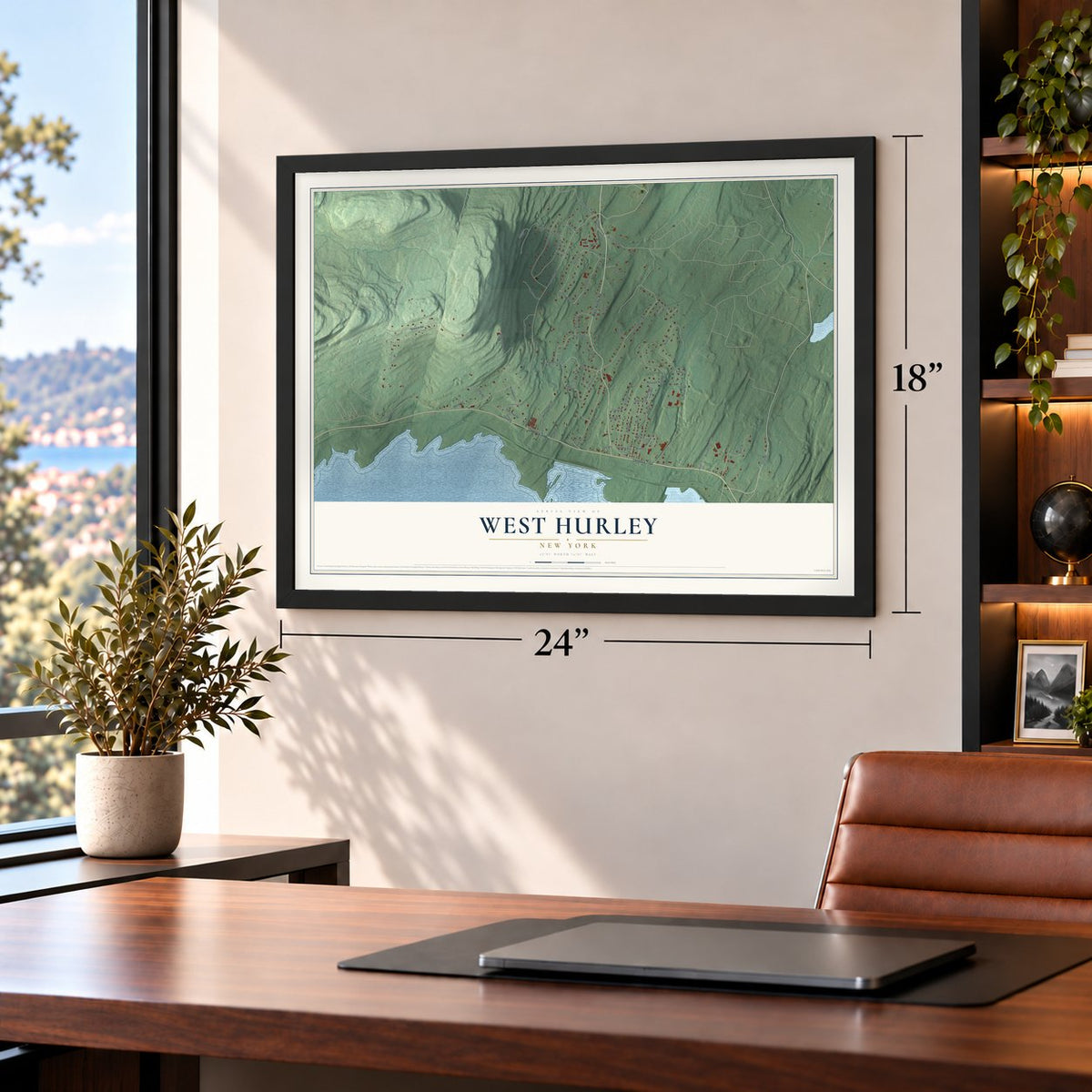 West Hurley, New York map, 18 x 24 inch print in a black frame in a home office