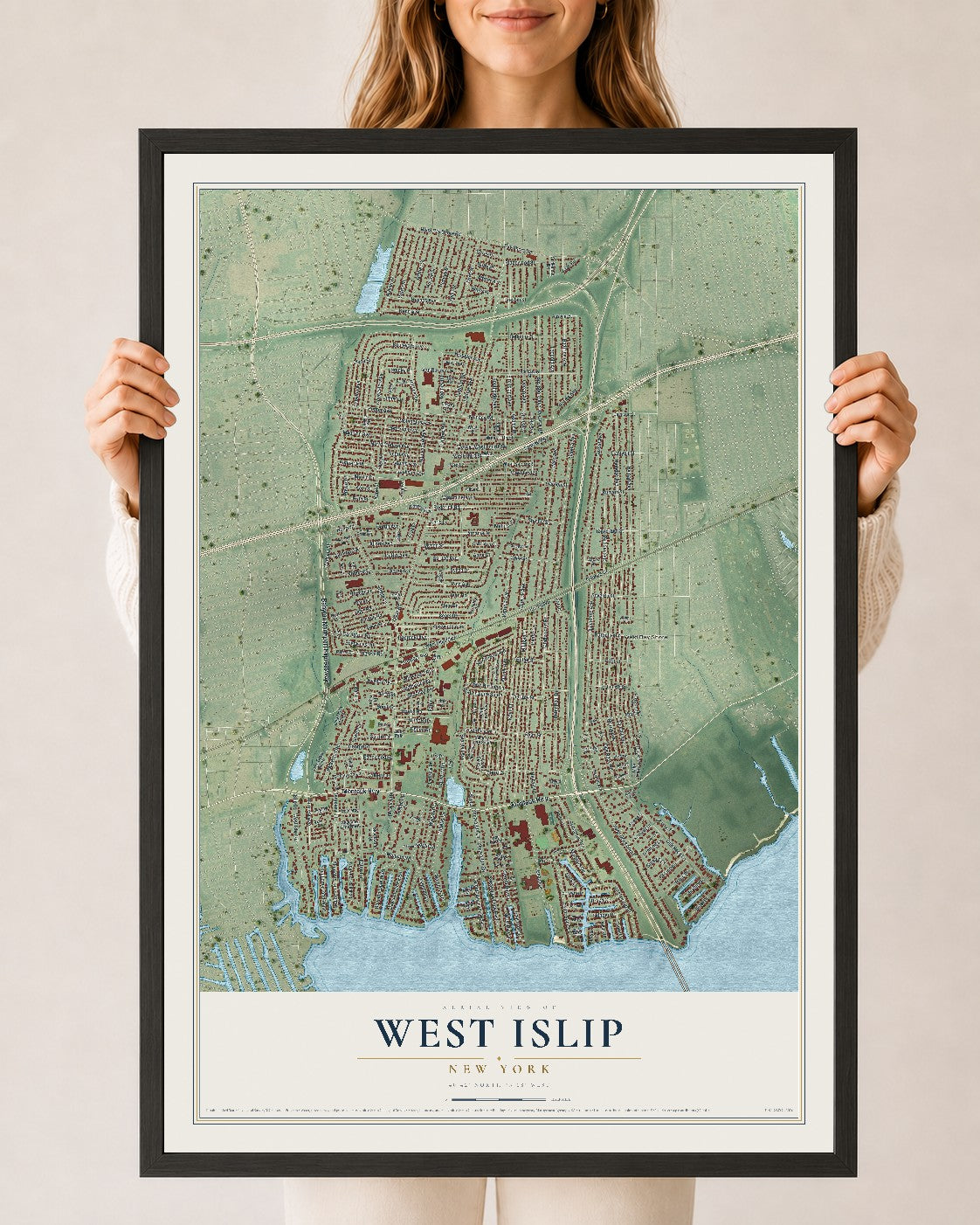 West Islip, New York map print, 24" x 36" W/ Black Ayous Wood Frame mockup