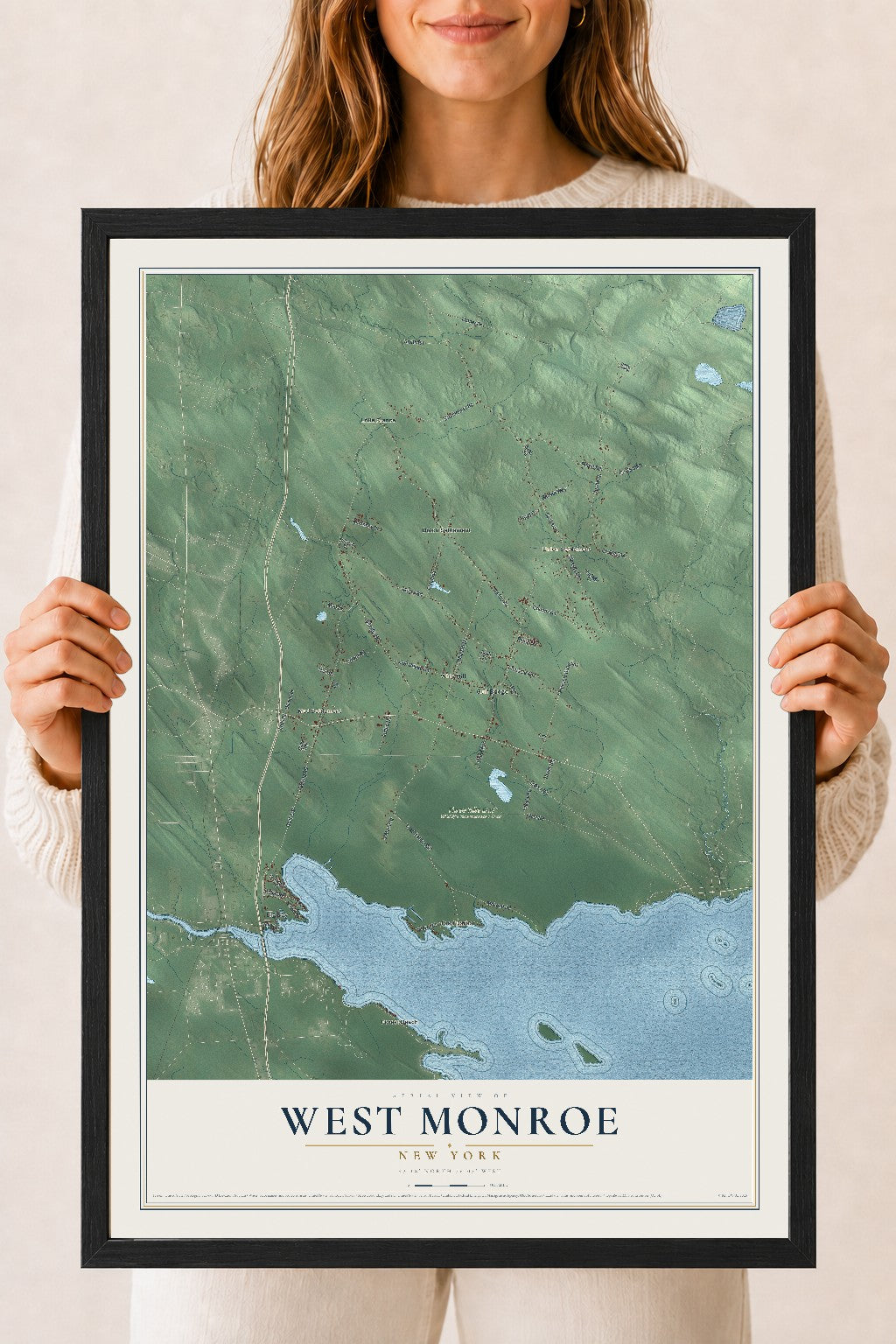 West Monroe, New York map print, 18" x 24" W/ Black Ayous Wood Frame mockup