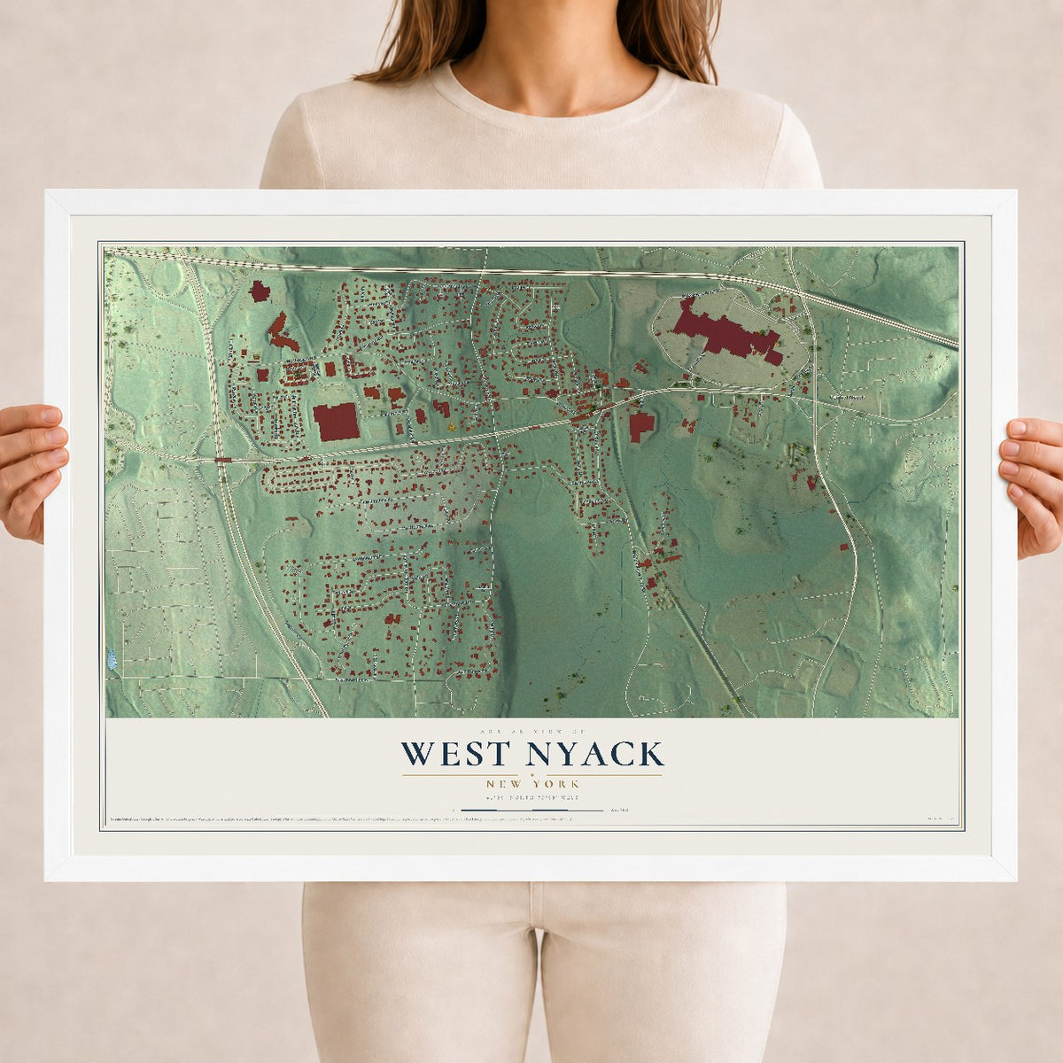 West Nyack, New York map print, 18" x 24" W/ White Ayous Wood Frame mockup