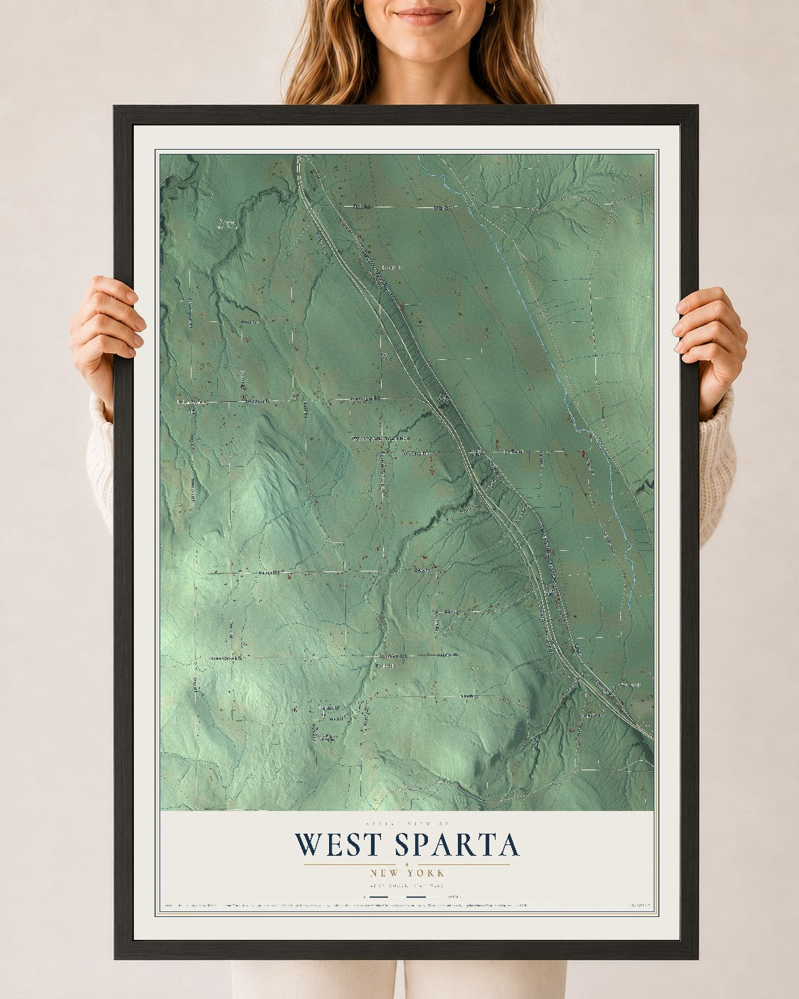 West Sparta, New York map print, 24" x 36" W/ Black Ayous Wood Frame mockup