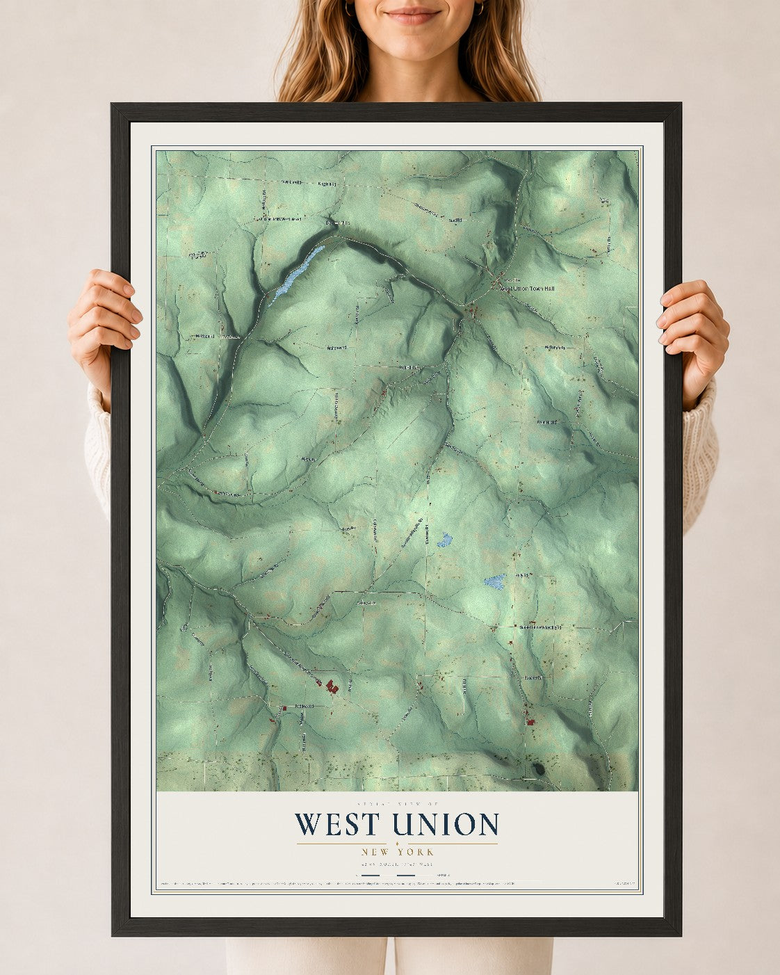 West Union, New York map print, 24" x 36" W/ Black Ayous Wood Frame mockup