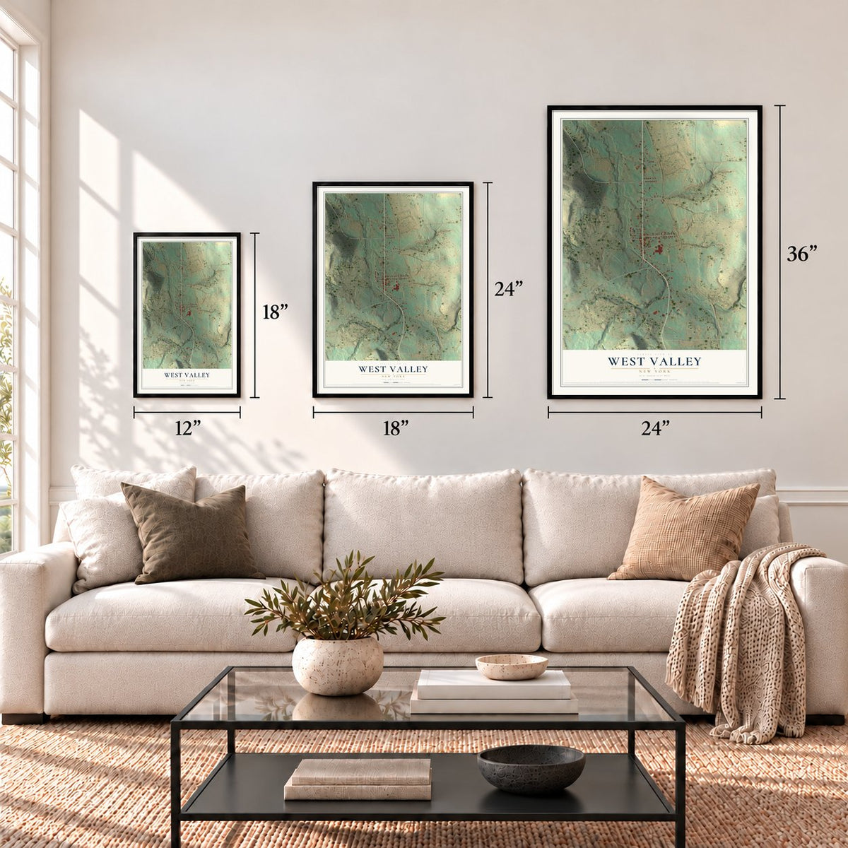 West Valley, New York map in 12 x 18, 18 x 24 and 24 x 36 inch sizes above a sofa