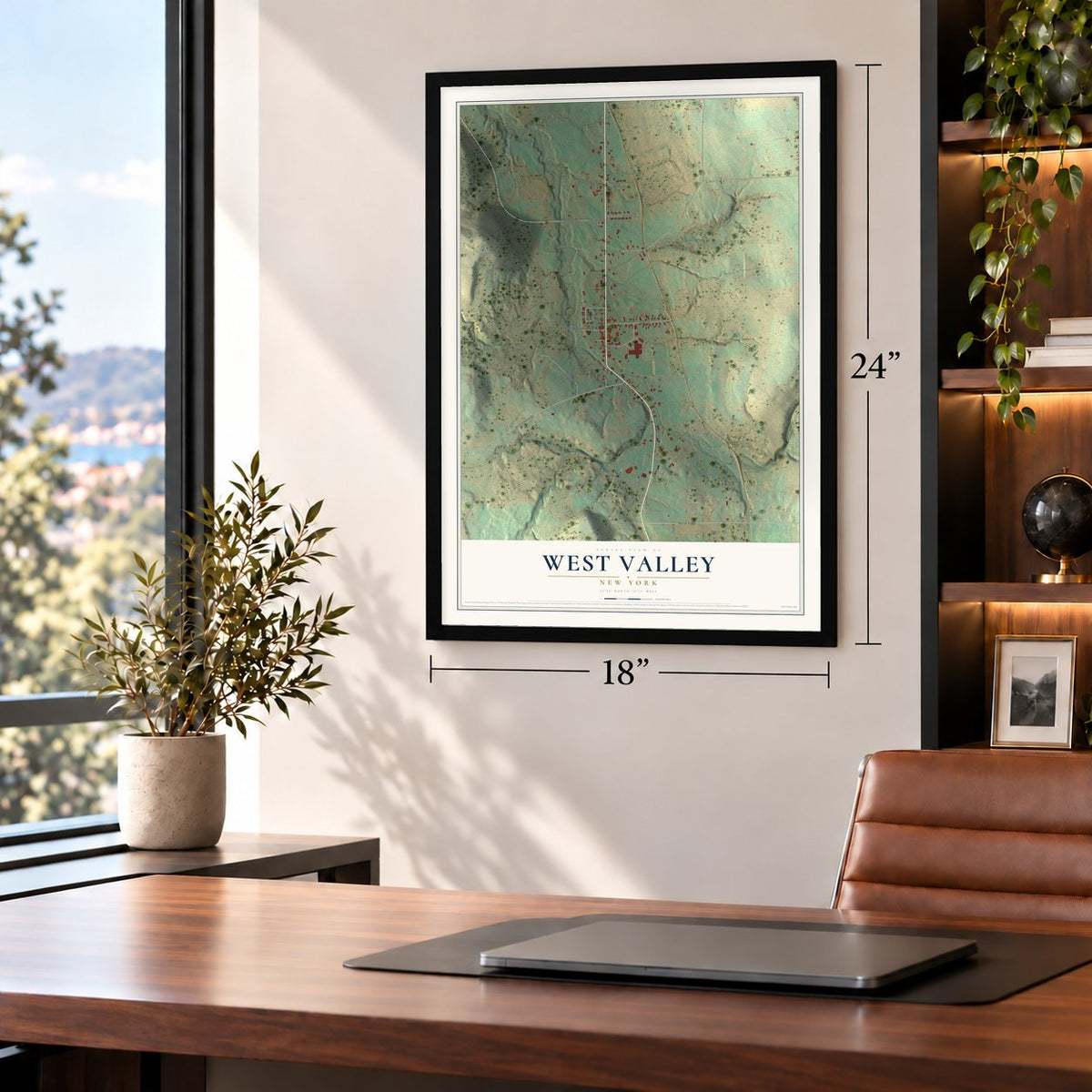 West Valley, New York map, 18 x 24 inch print in a black frame in a home office