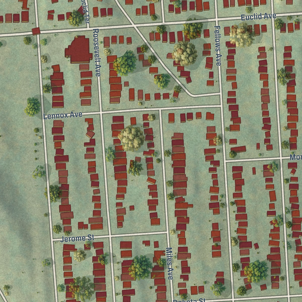 Close-up of the map of Westcott, New York print showing street and building detail