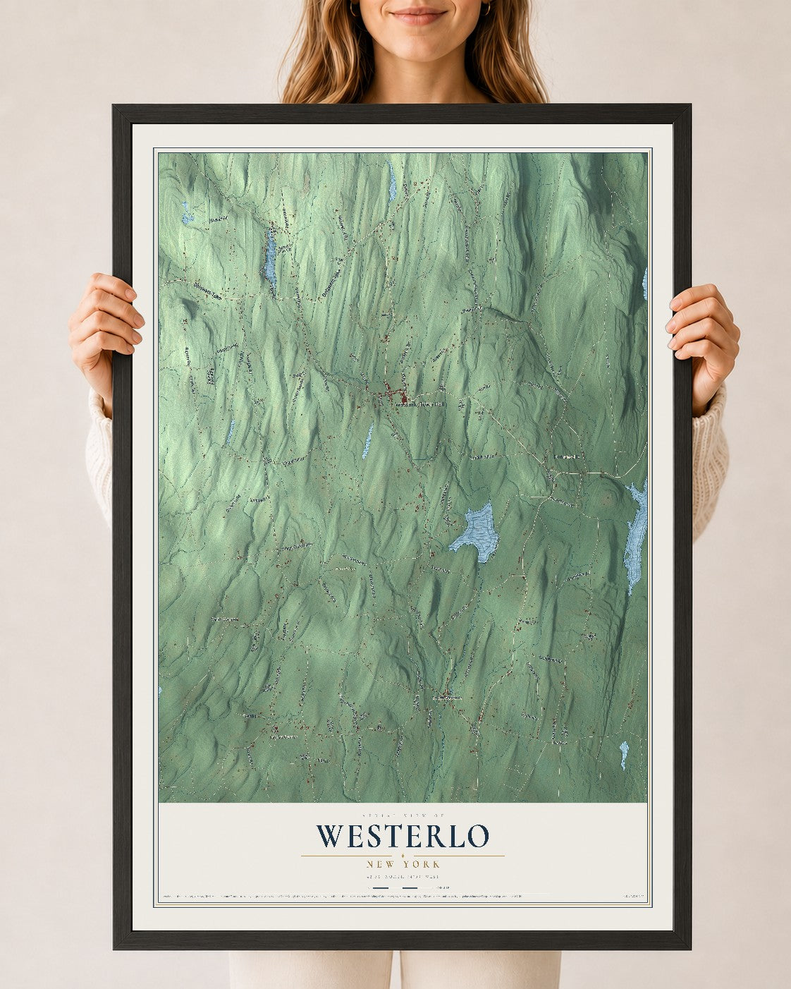 Westerlo, New York map print, 24" x 36" W/ Black Ayous Wood Frame mockup