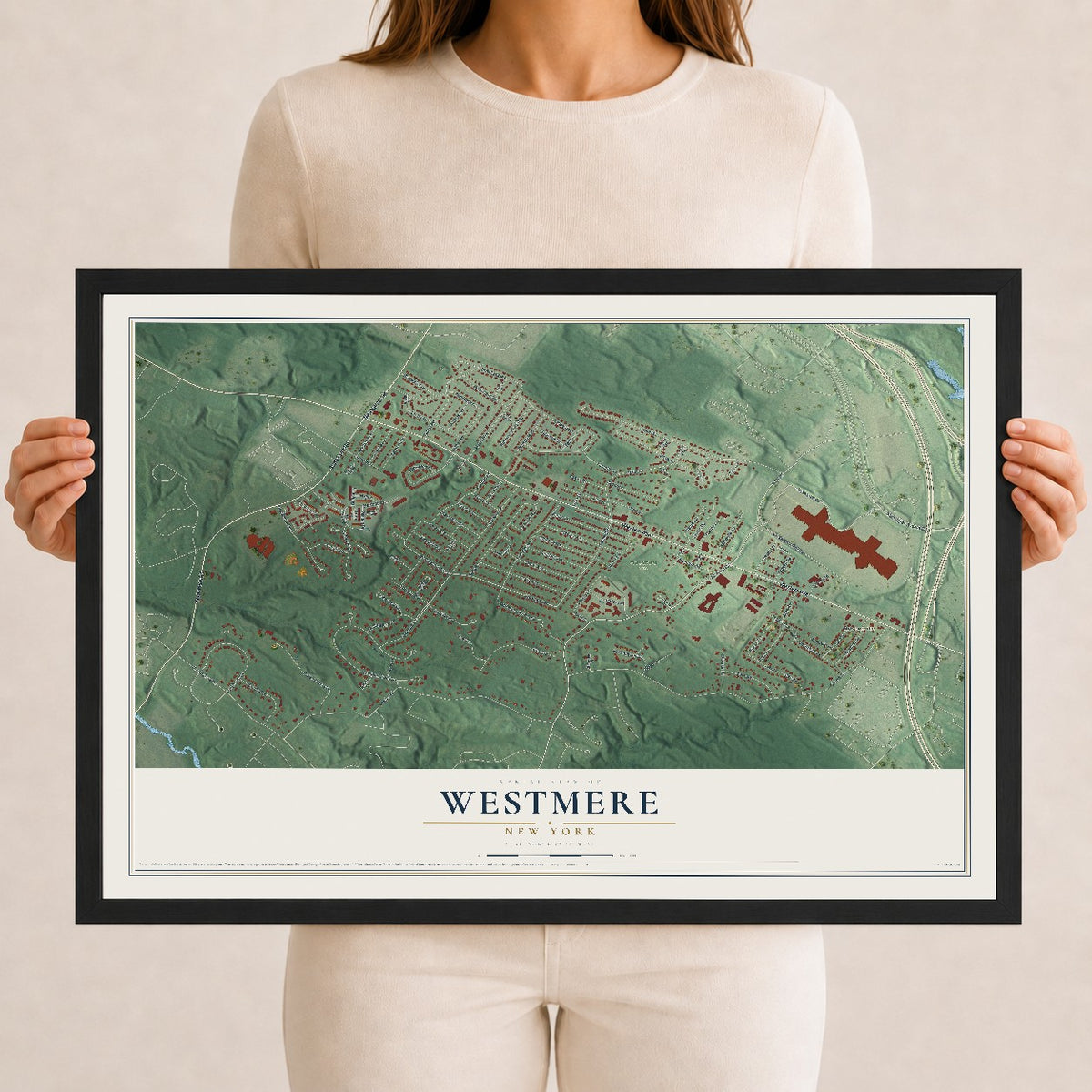 Westmere, New York map print, 12" x 18" W/ Black Ayous Wood Frame mockup