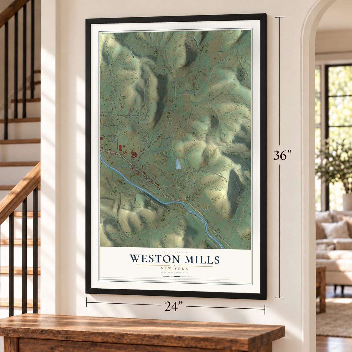Weston Mills, New York map, 24 x 36 inch print in a black frame by a staircase