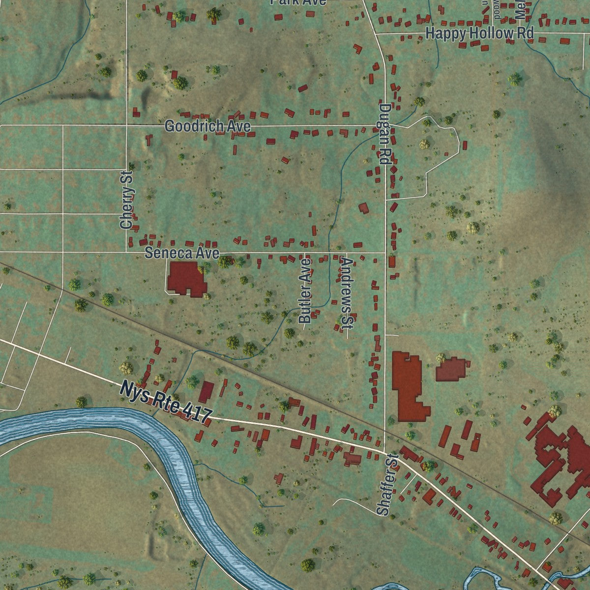 Close-up of the map of Weston Mills, New York print showing street and building detail