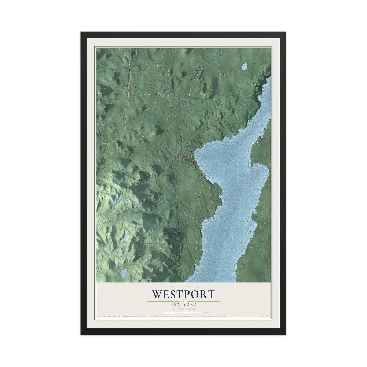 Map of Westport, New York, 12 x 18 inch print in a black wood frame