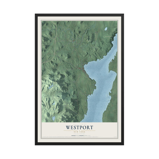 Map of Westport, New York, 12 x 18 inch print in a black wood frame