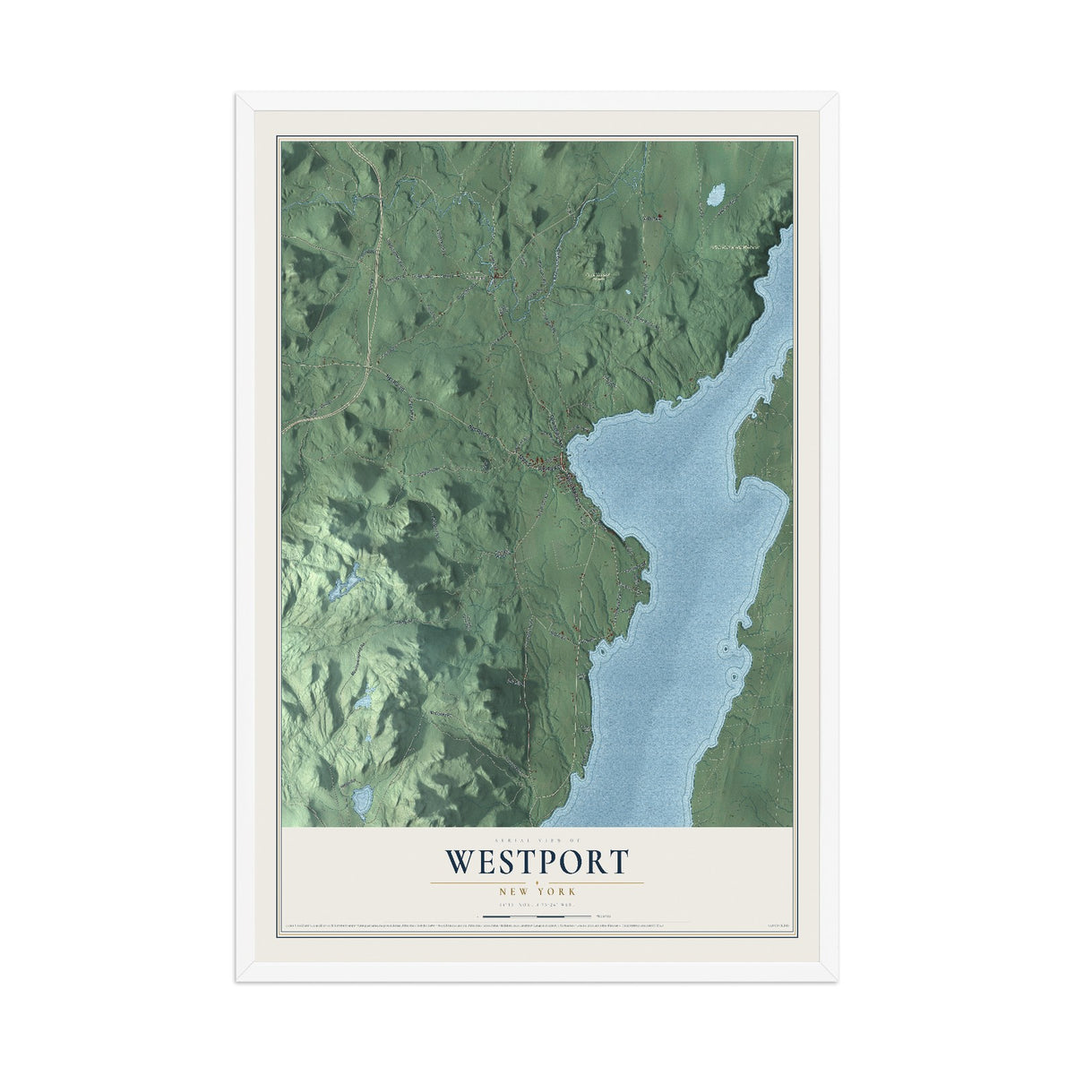 Map of Westport, New York, 12 x 18 inch print in a white wood frame