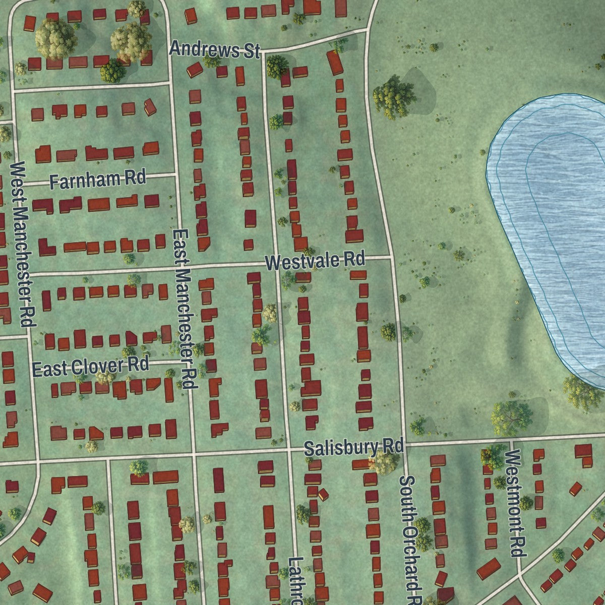 Close-up of the map of Westvale, New York print showing street and building detail