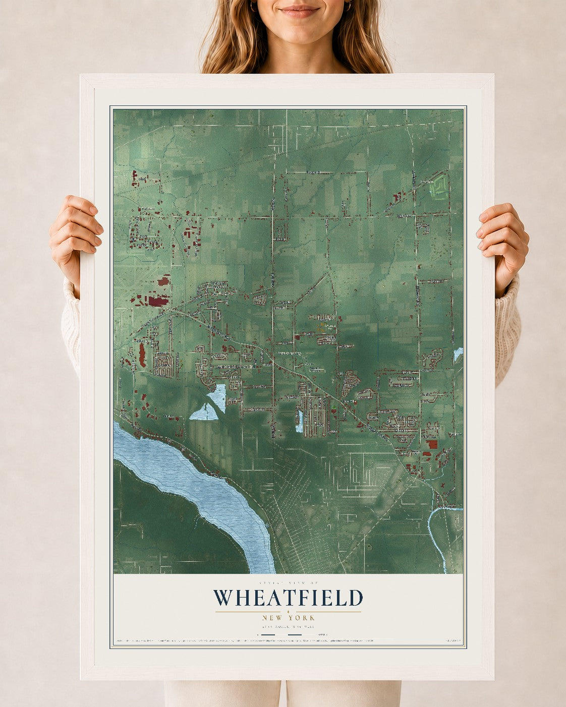 Wheatfield, New York map print, 24" x 36" W/ White Ayous Wood Frame mockup