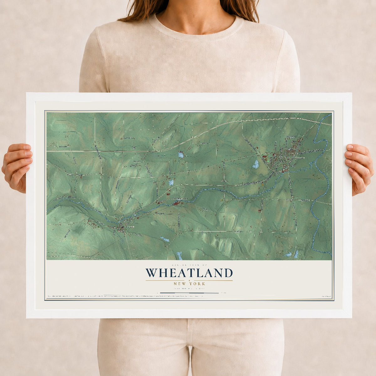 Wheatland, New York map print, 12" x 18" W/ White Ayous Wood Frame mockup