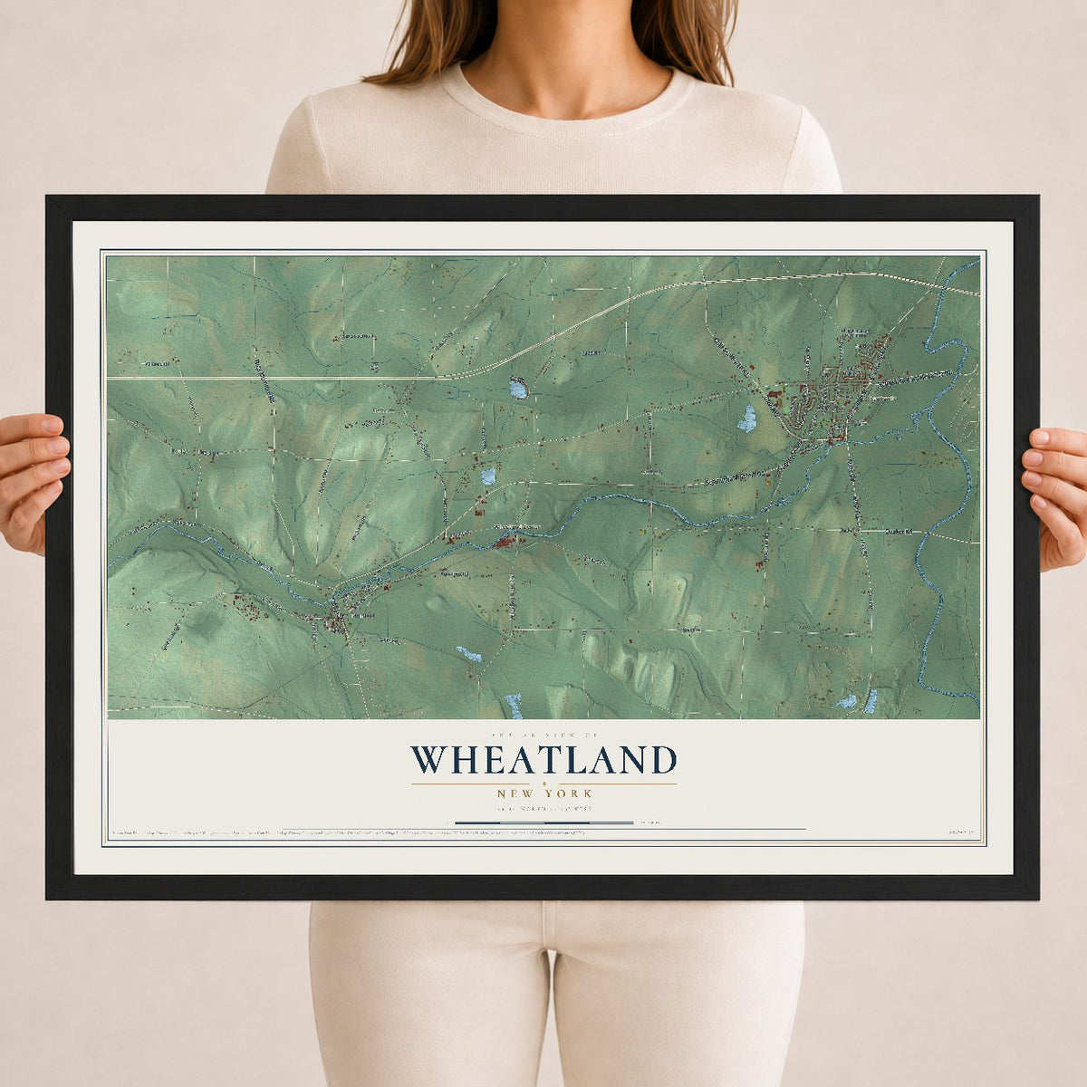 Wheatland, New York map print, 18" x 24" W/ Black Ayous Wood Frame mockup
