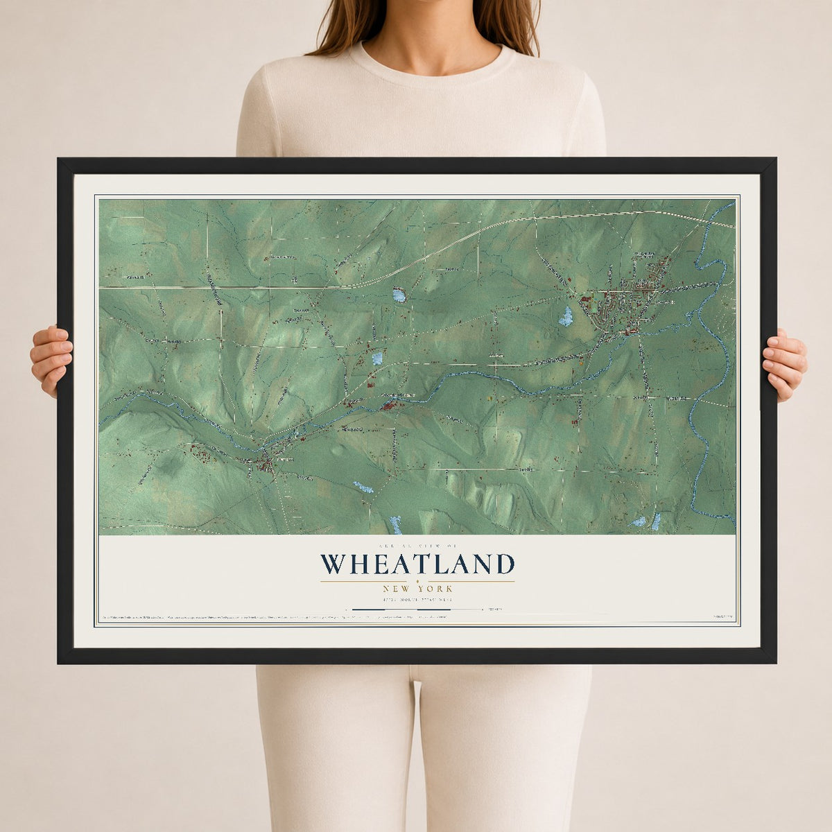 Wheatland, New York map print, 24" x 36" W/ Black Ayous Wood Frame mockup