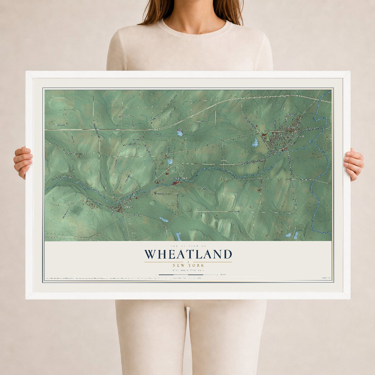 Wheatland, New York map print, 24" x 36" W/ White Ayous Wood Frame mockup